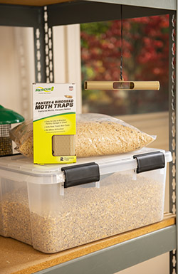 The RESCUE!Â® Pantry & Birdseed Moth Trap should be placed near stored birdseed.